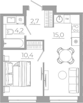 Планировка 2Е-к.кв, 32,3 м² в ЖК РАЗУМ на Титова