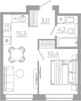 Планировка 2Е-к.кв, 32,9 м² в ЖК РАЗУМ на Титова