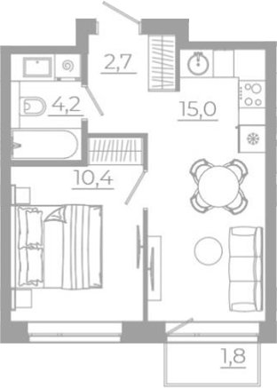 Планировка 2Е-к.кв, 34,5 м² в ЖК РАЗУМ на Титова
