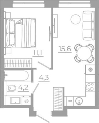 Планировка 2Е-к.кв, 35,2 м² в ЖК РАЗУМ на Титова