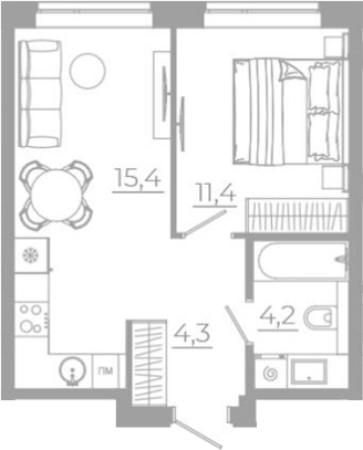 Планировка 2Е-к.кв, 35,3 м² в ЖК РАЗУМ на Титова