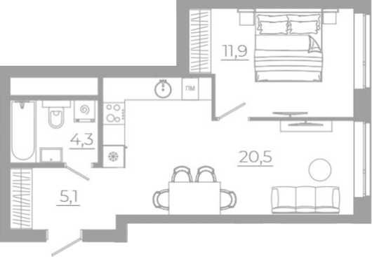 Планировка 2Е-к.кв, 41,8 м² в ЖК РАЗУМ на Титова