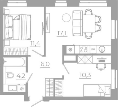 Планировка 3Е-к.кв, 49 м² в ЖК РАЗУМ на Титова