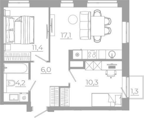 Планировка 3Е-к.кв, 50,3 м² в ЖК РАЗУМ на Титова