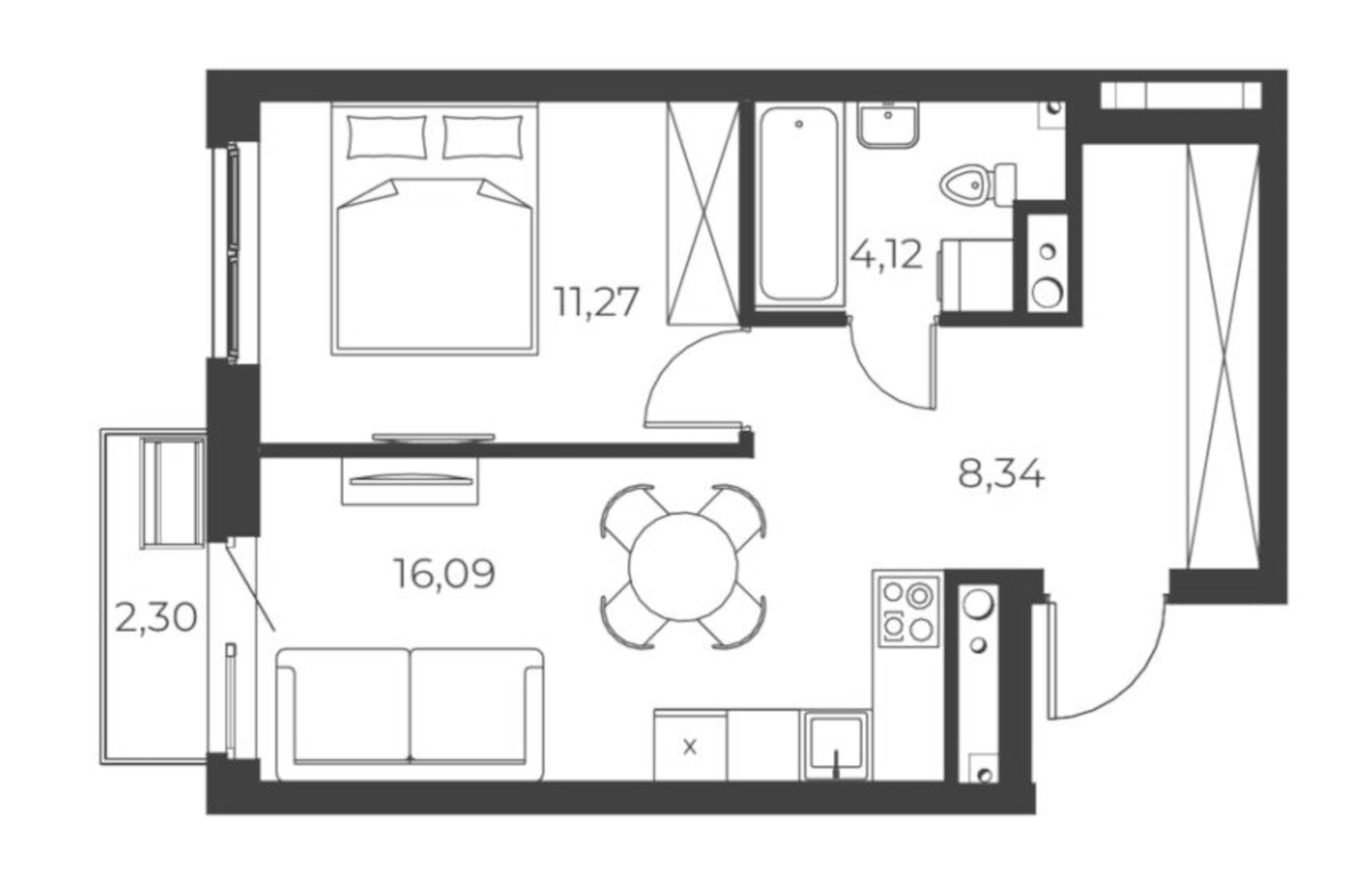 Планировка 1-к.кв, 42,09 м² в ЖК РАЗУМ на Уктусе