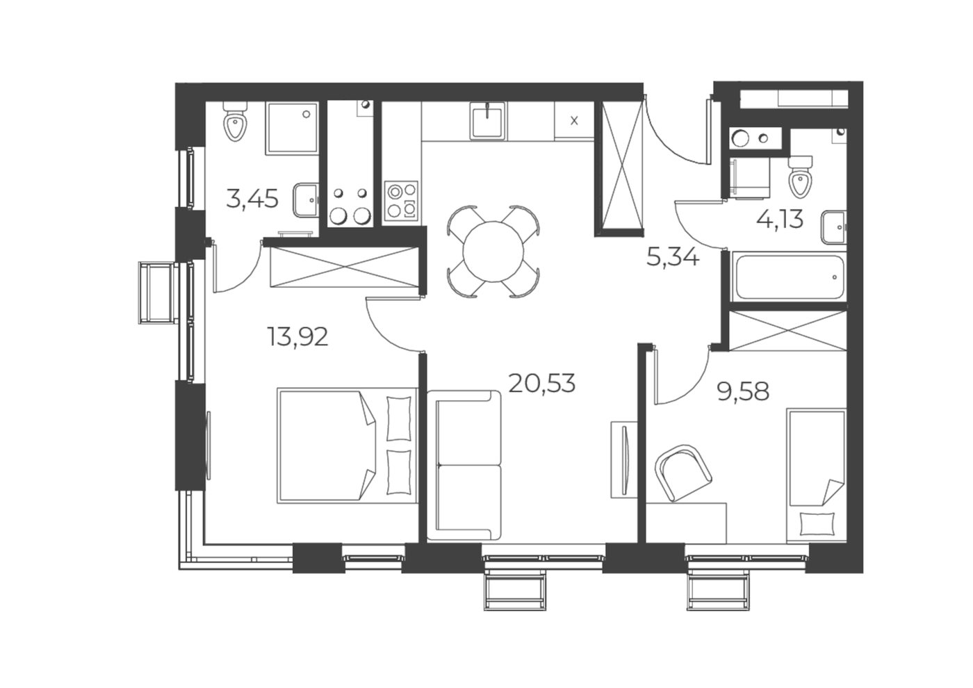Планировка 2-к.кв, 56,95 м² в ЖК РАЗУМ на Уктусе
