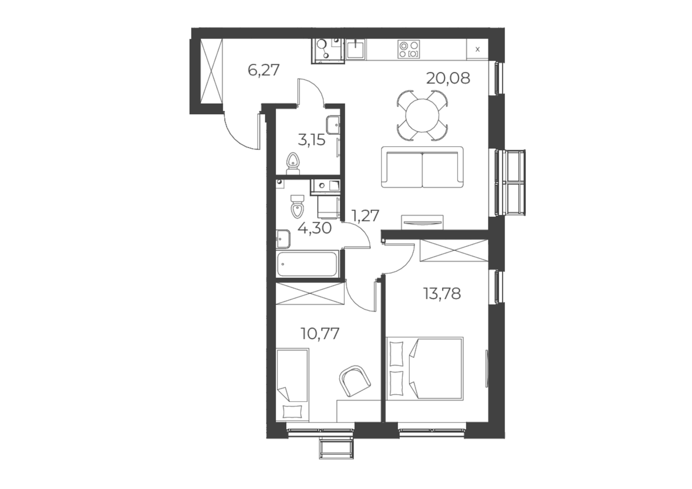 Планировка 2-к.кв, 59,62 м² в ЖК РАЗУМ на Уктусе