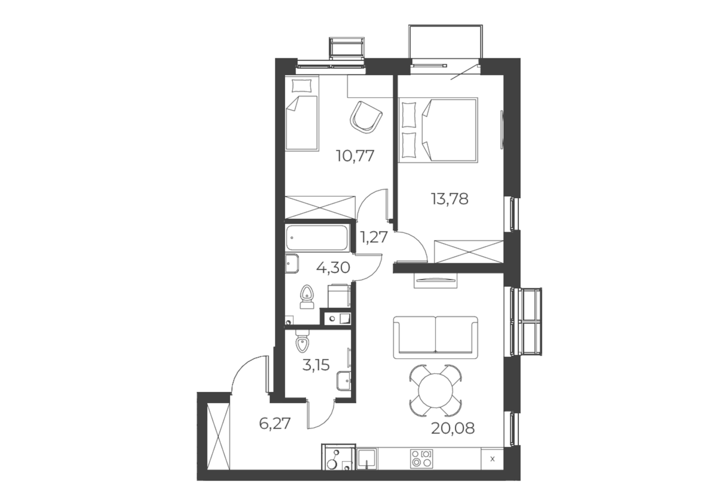 Планировка 2-к.кв, 61,18 м² в ЖК РАЗУМ на Уктусе