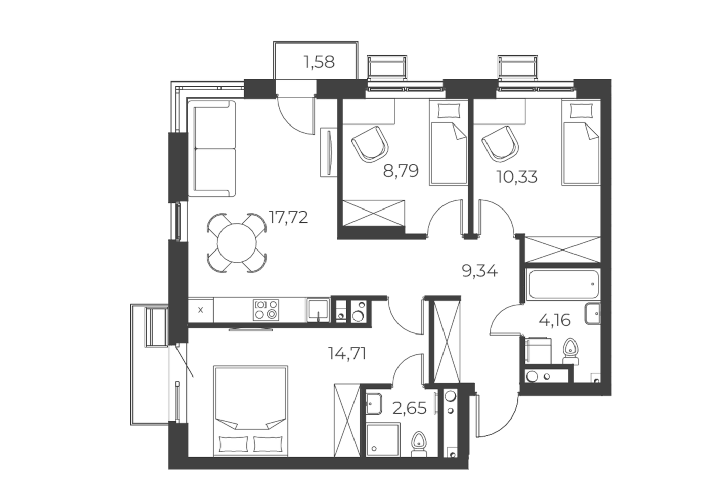 Планировка 3-к.кв, 71,43 м² в ЖК РАЗУМ на Уктусе