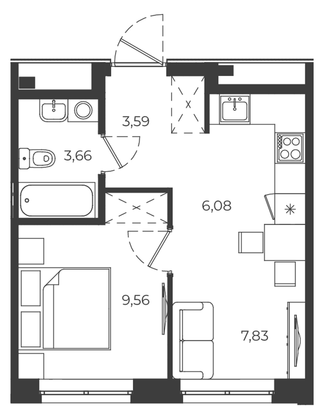 Планировка 1-к.кв, 30,72 м² в ЖК РАЗУМ в Академическом