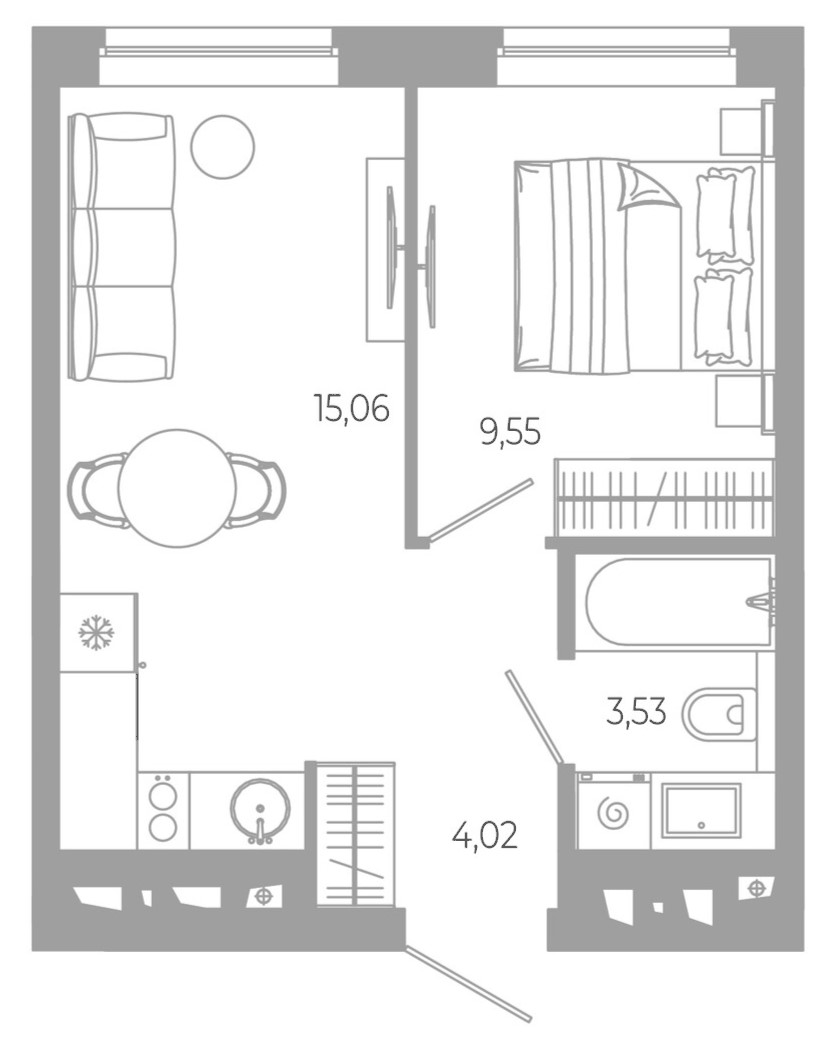 Планировка 1-к.кв, 32,16 м² в ЖК РАЗУМ в Академическом