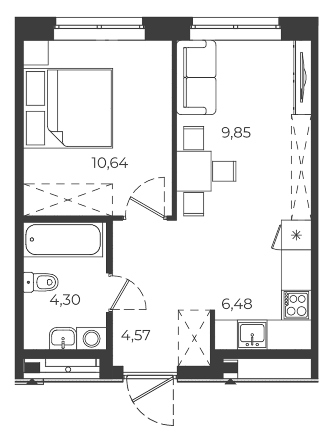 Планировка 1-к.кв, 35,84 м² в ЖК РАЗУМ в Академическом