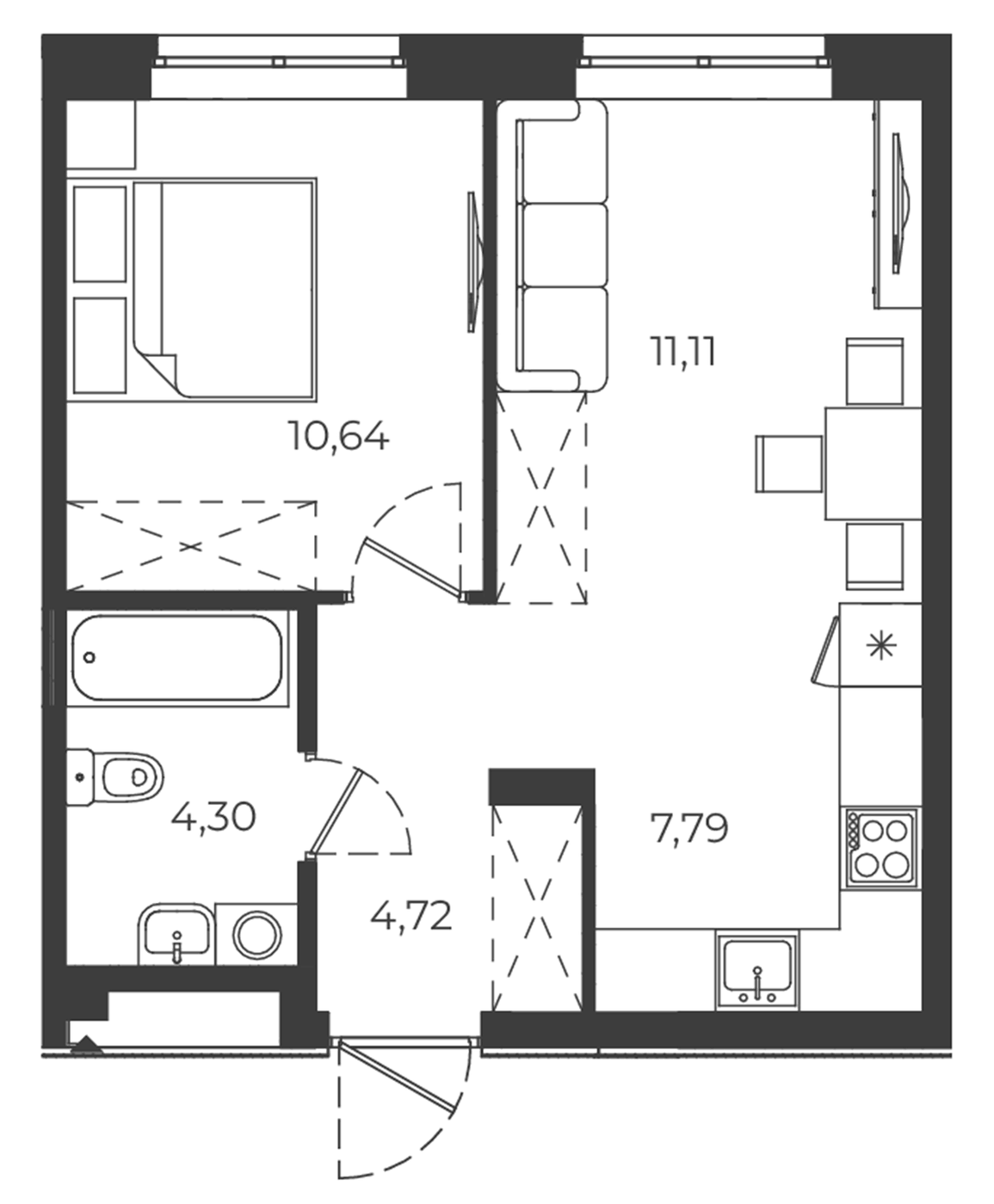 Планировка 1-к.кв, 38,56 м² в ЖК РАЗУМ в Академическом