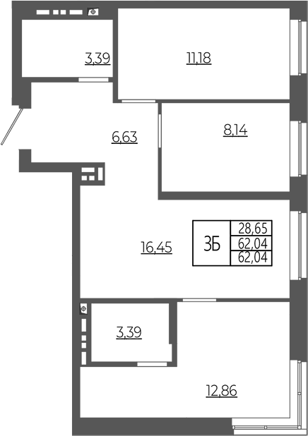Планировка 3-к, 62,04 м² в ЖК РАЗУМ в Академическом