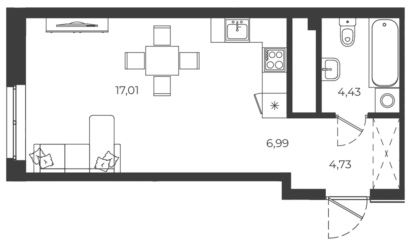 Планировка Студия, 33,16 м² в ЖК РАЗУМ в Академическом