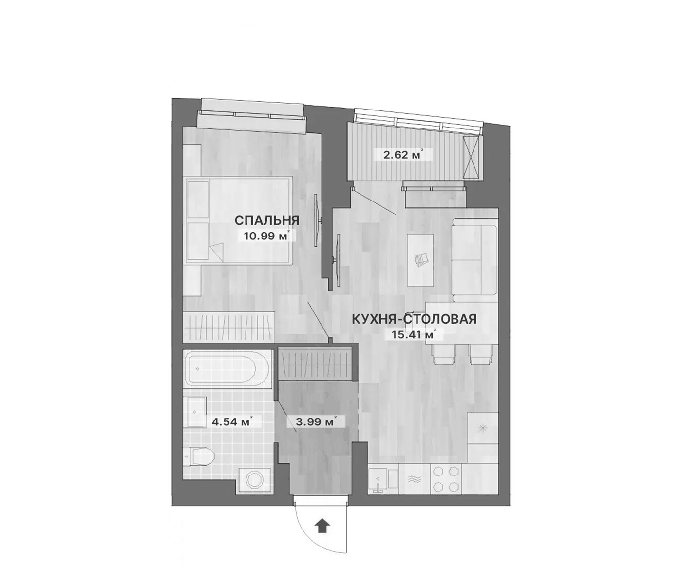 Планировка 1-к.кв, 37,55 м² в ЖК Речной квартал