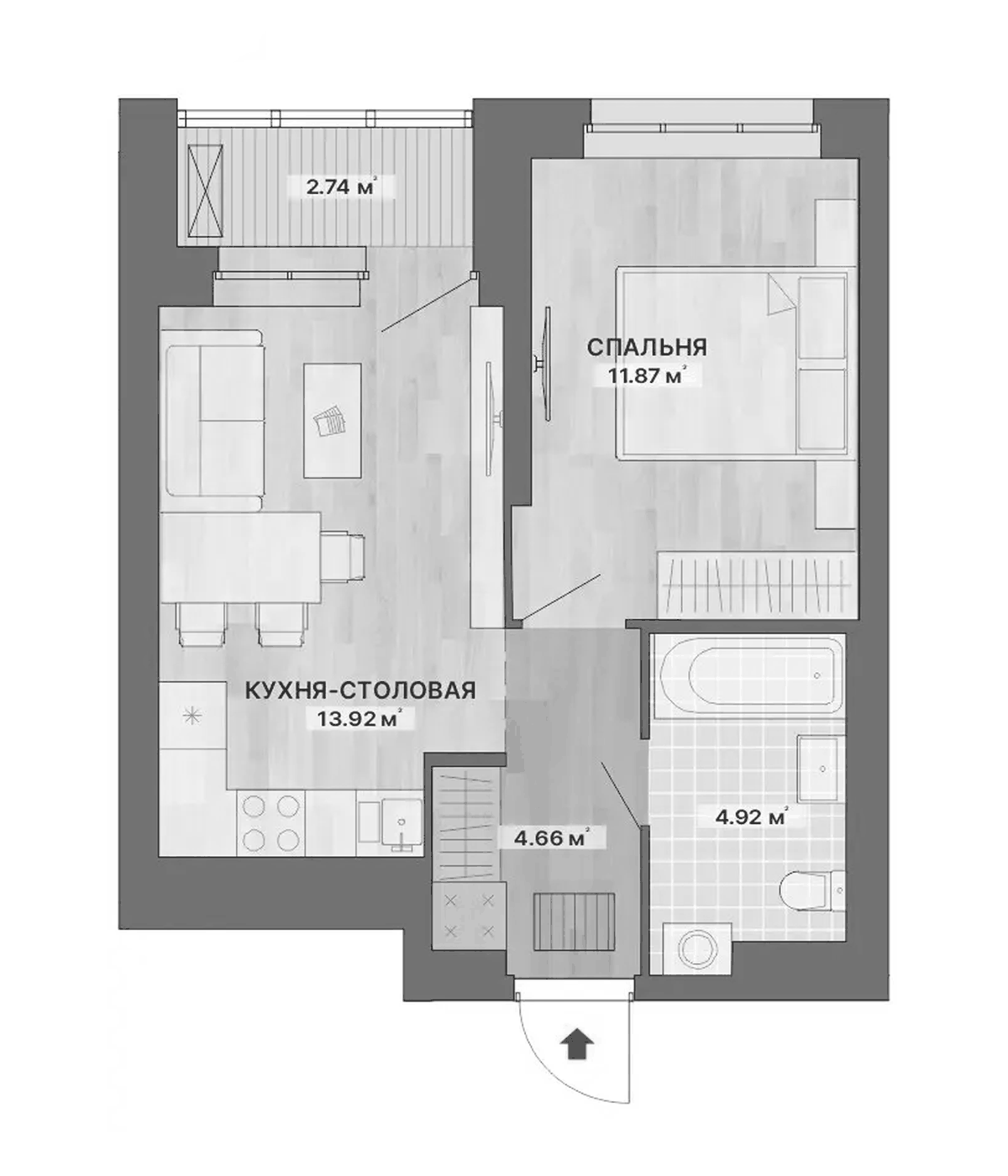 Планировка 1-к.кв, 38,11 м² в ЖК Речной квартал