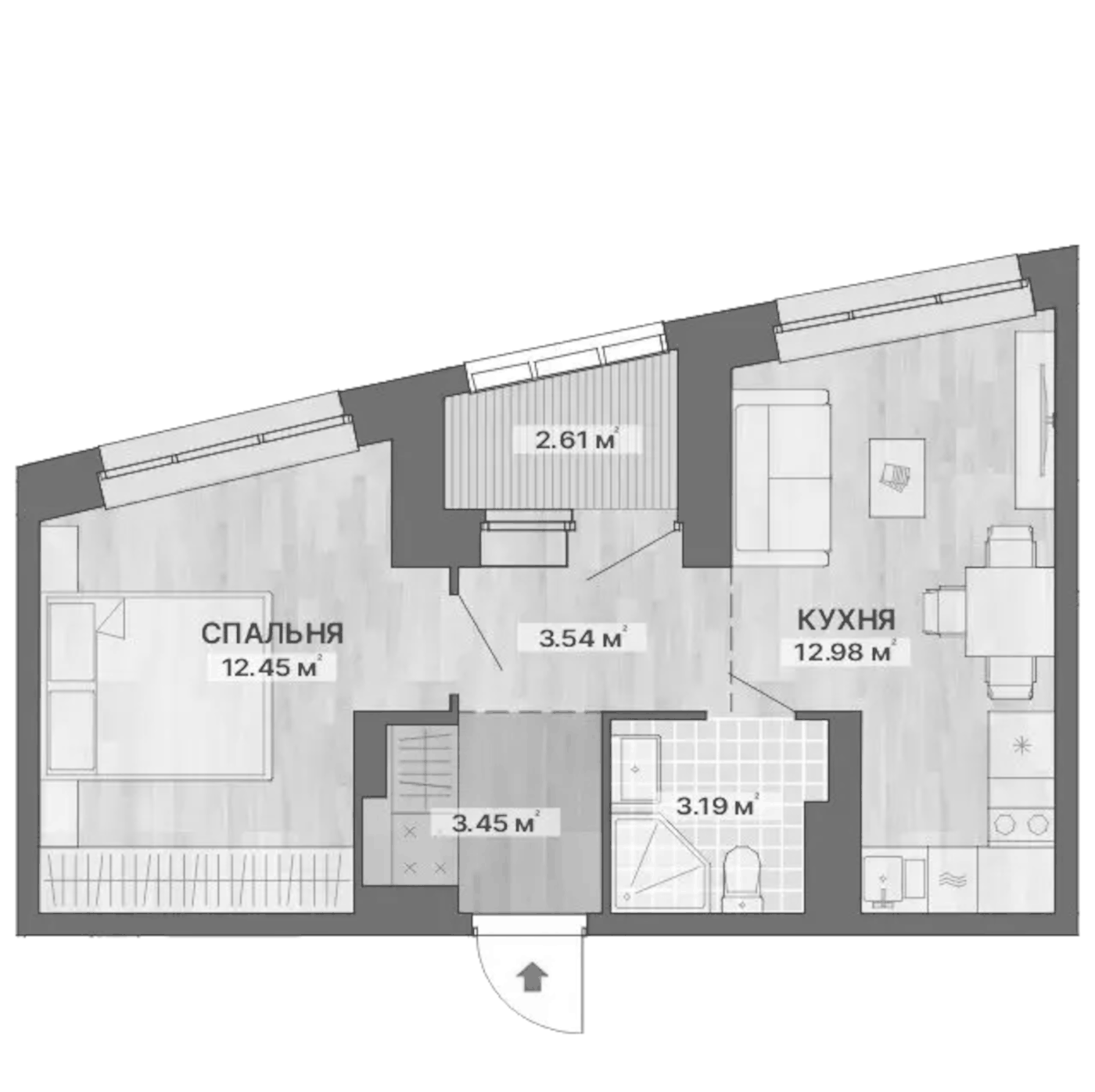 Планировка 1-к.кв, 38,22 м² в ЖК Речной квартал