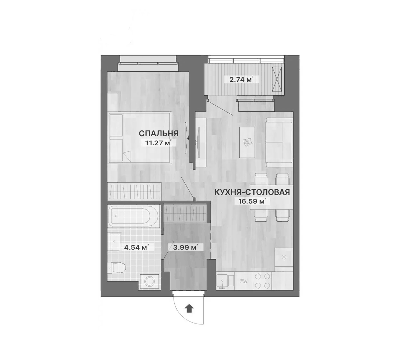 Планировка 1-к.кв, 39,13 м² в ЖК Речной квартал