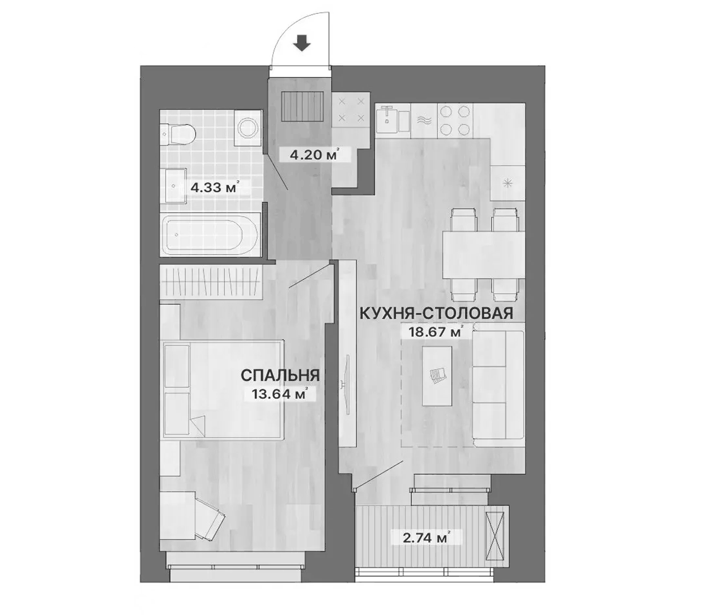Планировка 1-к.кв, 43,58 м² в ЖК Речной квартал