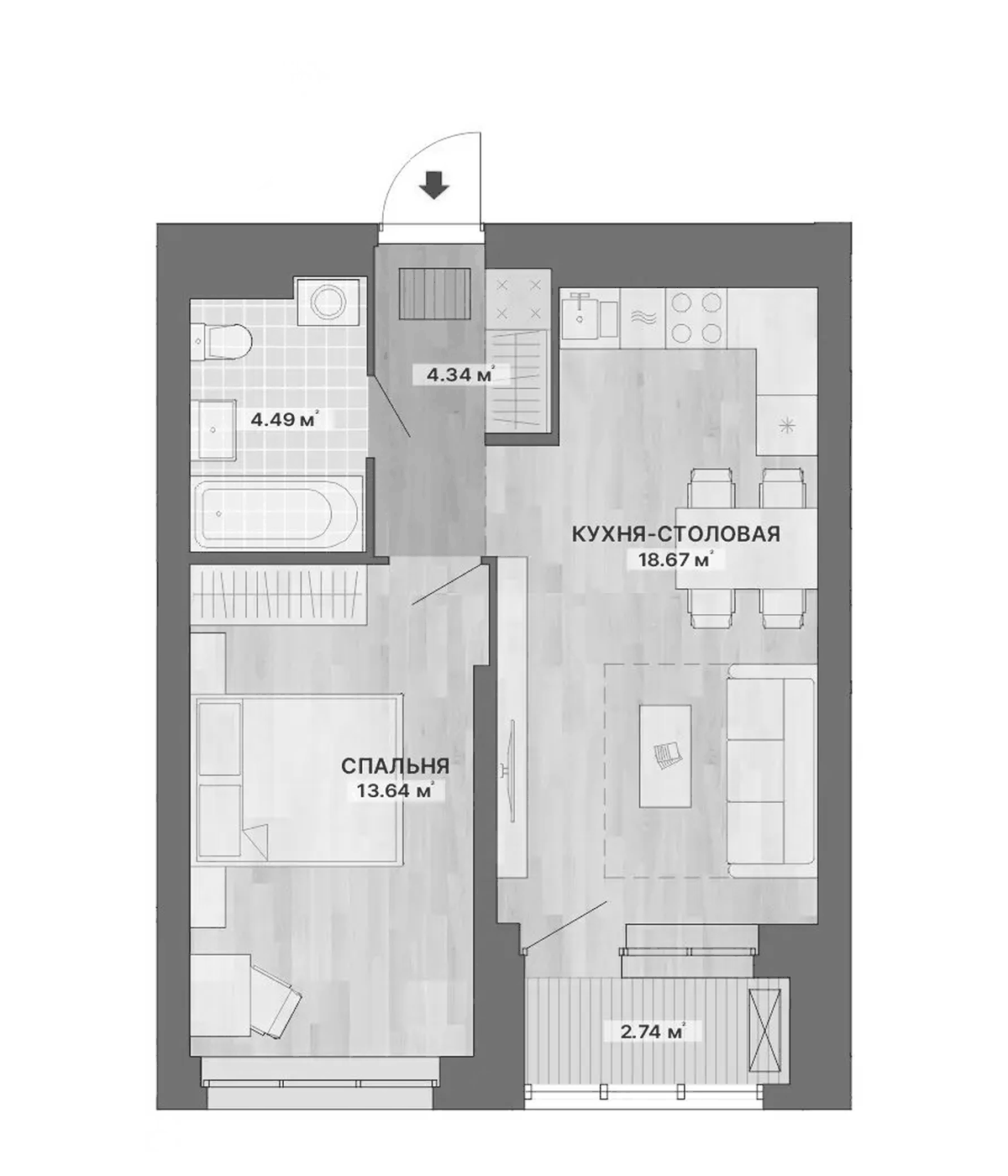 Планировка 1-к.кв, 43,88 м² в ЖК Речной квартал