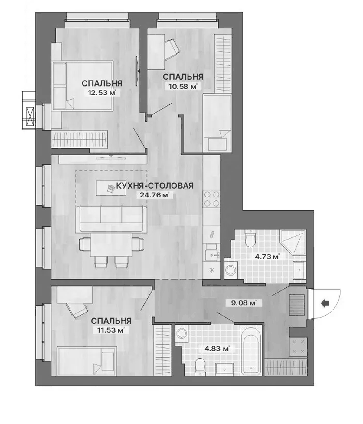 Планировка 3-к, 78,04 м² в ЖК Речной квартал