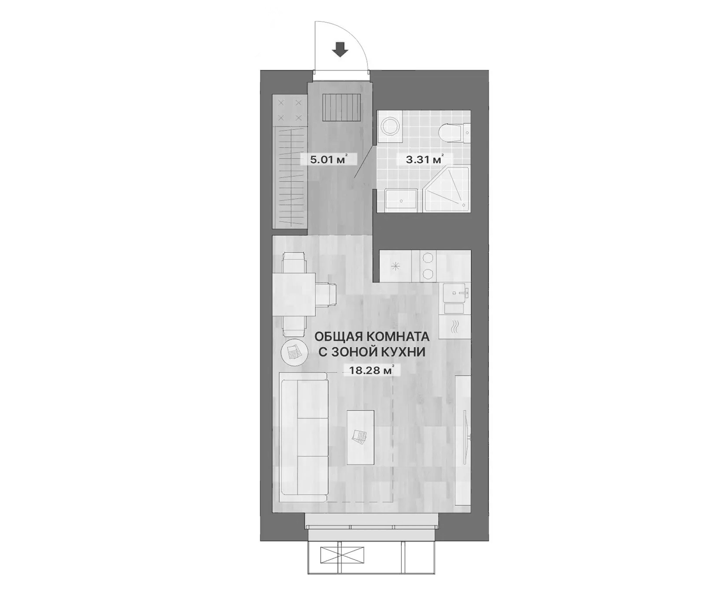 Планировка Студия, 26,6 м² в ЖК Речной квартал