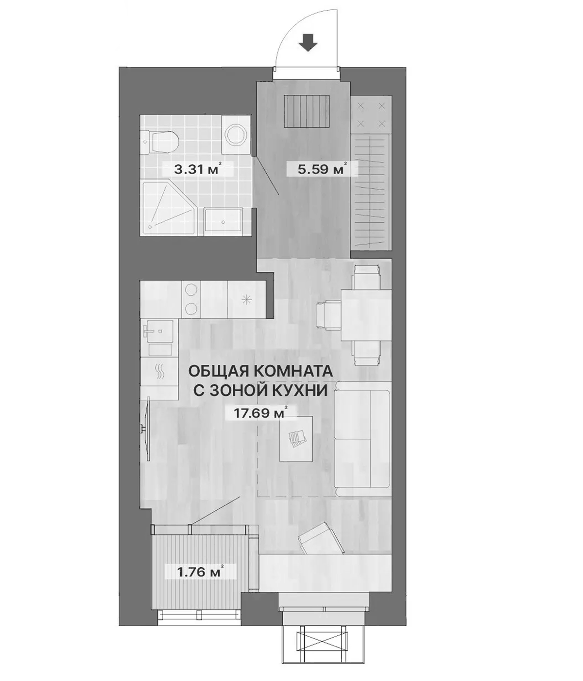 Планировка Студия, 28,35 м² в ЖК Речной квартал