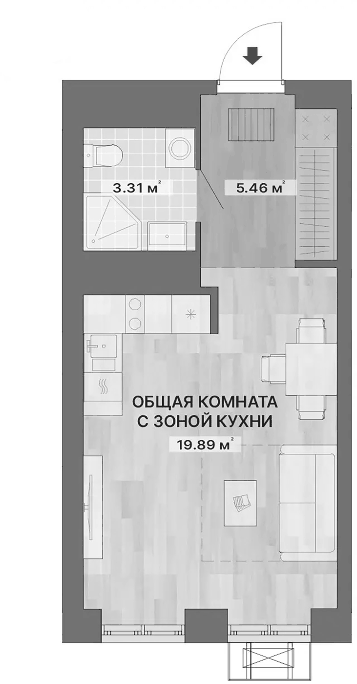 Планировка Студия, 28,66 м² в ЖК Речной квартал