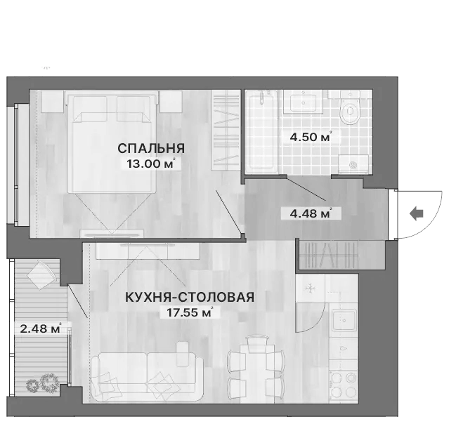 Планировка 2Е-к.кв, 42,01 м² в ЖК ЖК Repin Towers (ГК Атомстройкомплекс)