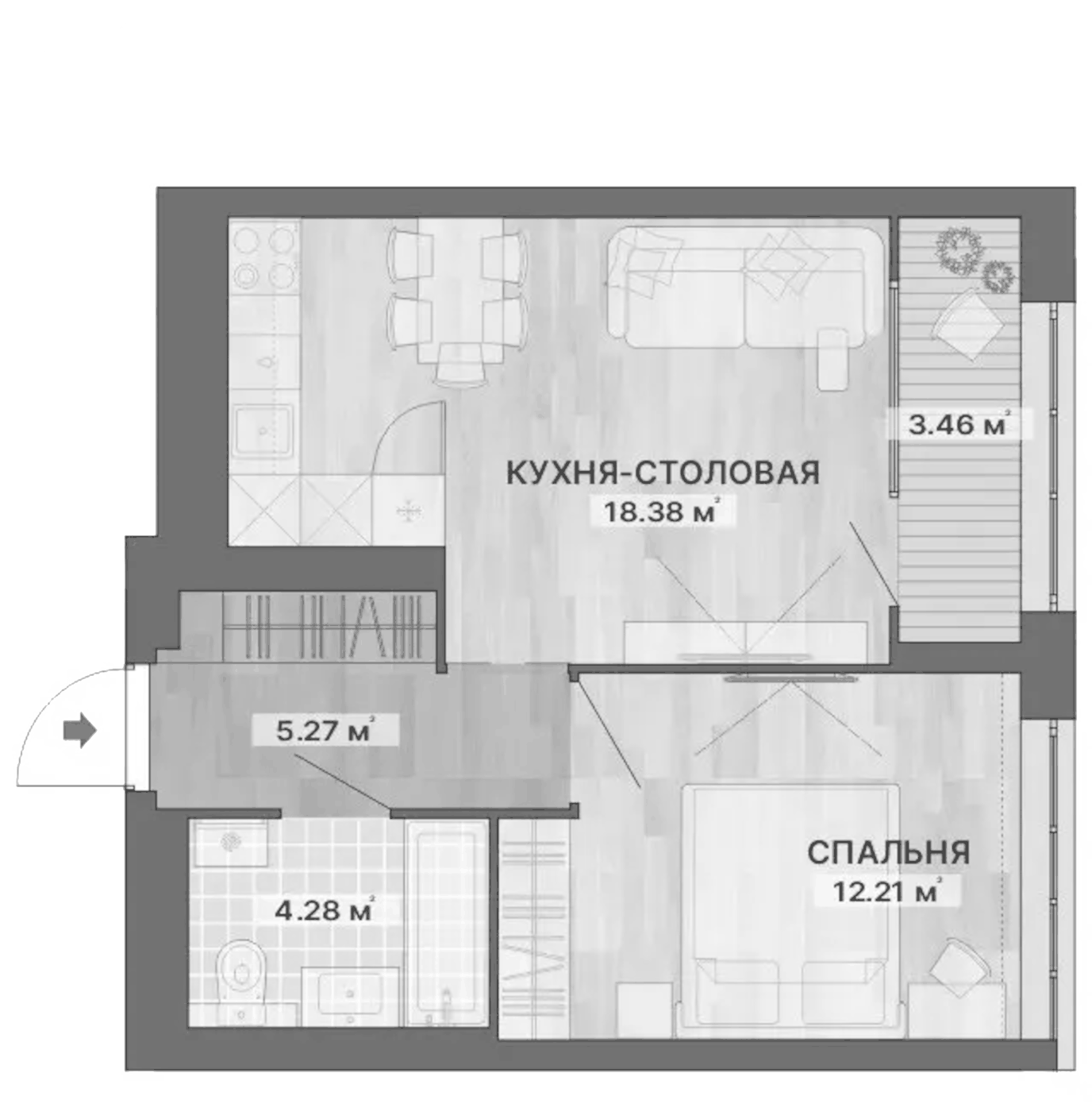 Планировка 2Е-к.кв, 43,6 м² в ЖК ЖК Repin Towers (ГК Атомстройкомплекс)