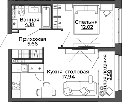 Планировка 1-к.кв, 43,3 м² в ЖК ЖК Repin Towers (СКМ Девелопмент)