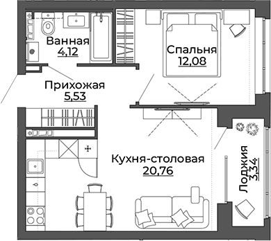 Планировка 1-к.кв, 45,83 м² в ЖК ЖК Repin Towers (СКМ Девелопмент)