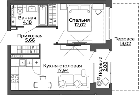 Планировка 1-к.кв, 55,7 м² в ЖК ЖК Repin Towers (СКМ Девелопмент)