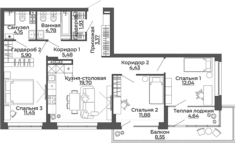 Планировка 3-к.кв, 98,3 м² в ЖК ЖК Repin Towers (СКМ Девелопмент)