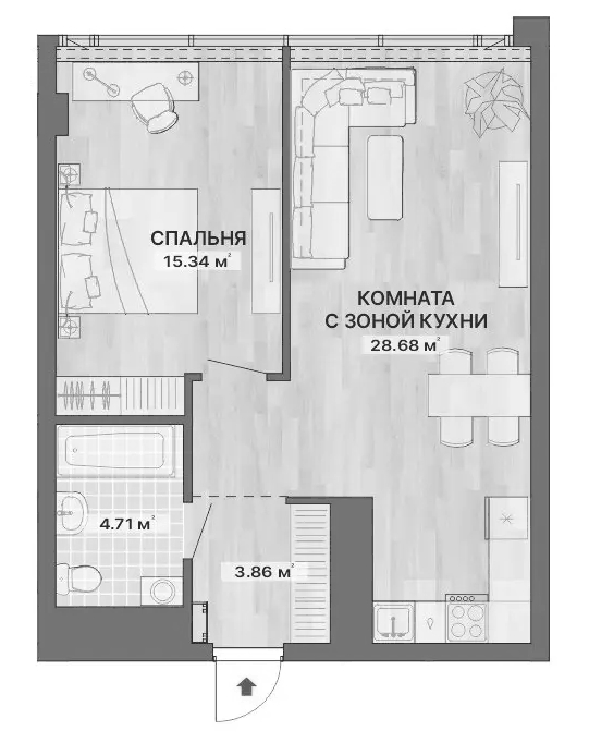 Планировка С одной спальней, 52,59 м² в ЖК Ре:Волюшн Тауэрс