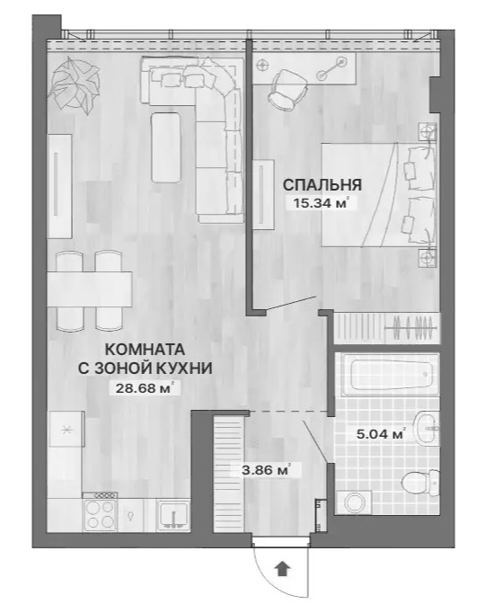 Планировка С одной спальней, 52,92 м² в ЖК Ре:Волюшн Тауэрс