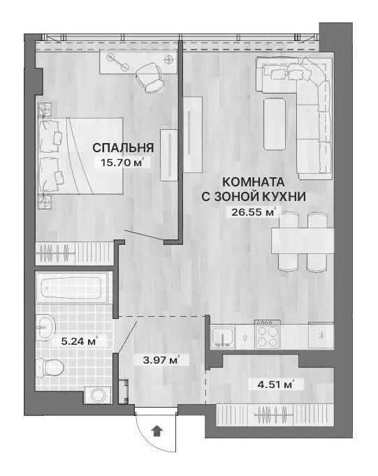 Планировка С одной спальней, 55,97 м² в ЖК Ре:Волюшн Тауэрс