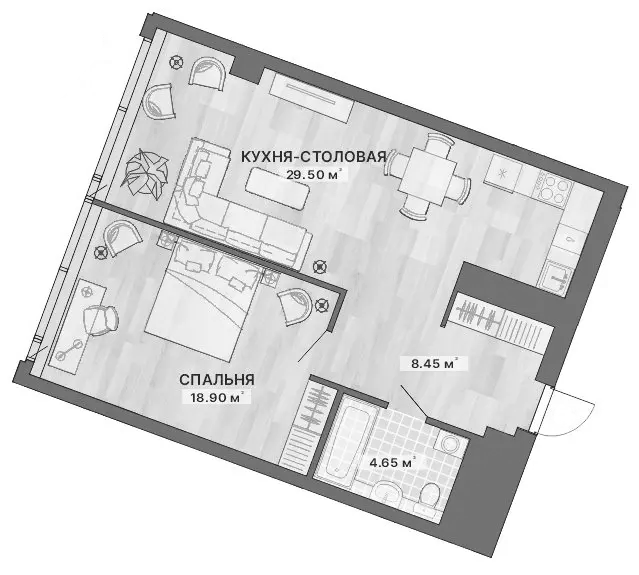 Планировка С одной спальней, 61,5 м² в ЖК Ре:Волюшн Тауэрс