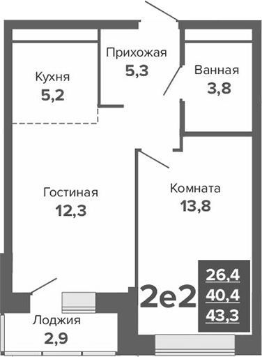 Планировка 2Е-к.кв, 43,29 м² в ЖК ЖК River Park (Гринвич недвижимость)
