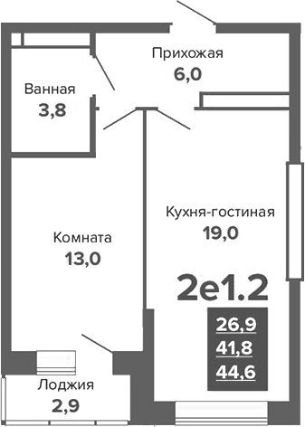 Планировка 2Е-к.кв, 44,64 м² в ЖК ЖК River Park (Гринвич недвижимость)