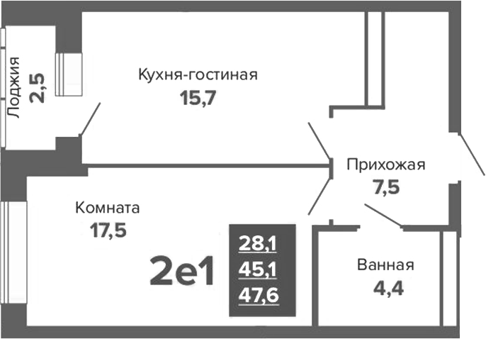 Планировка 2Е-к.кв, 47,62 м² в ЖК ЖК River Park (Гринвич недвижимость)