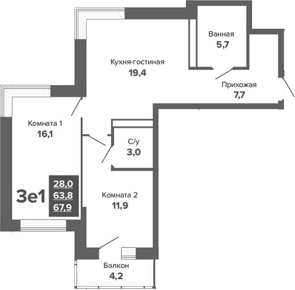 Планировка 3Е-к.кв, 67,9 м² в ЖК ЖК River Park (Гринвич недвижимость)