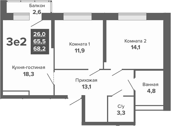 Планировка 3Е-к.кв, 68,2 м² в ЖК ЖК River Park (Гринвич недвижимость)