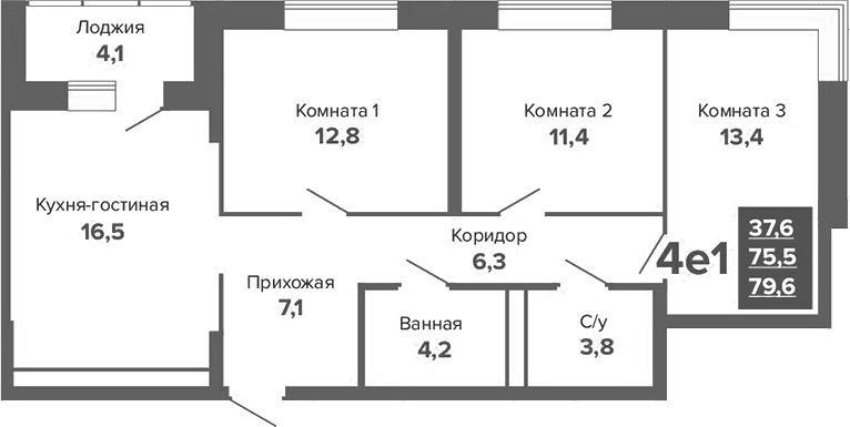 Планировка 4Е-к.кв, 79,63 м² в ЖК ЖК River Park (Гринвич недвижимость)