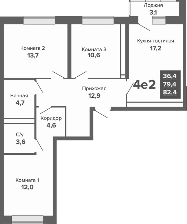 Планировка 4Е-к.кв, 82,45 м² в ЖК ЖК River Park (Гринвич недвижимость)