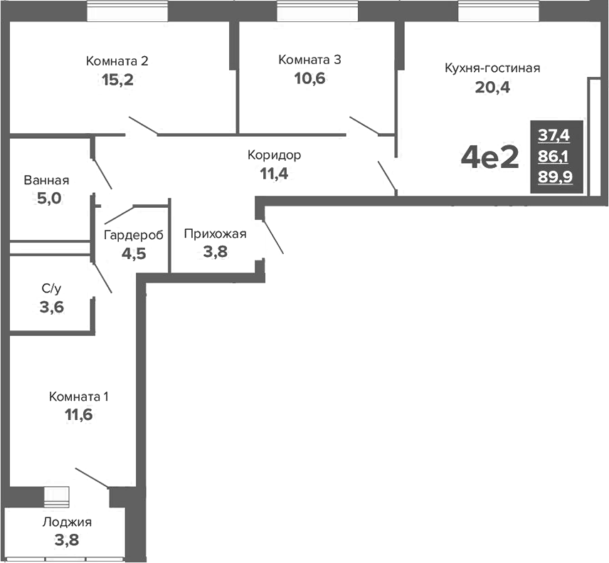 Планировка 4Е-к.кв, 89,9 м² в ЖК ЖК River Park (Гринвич недвижимость)
