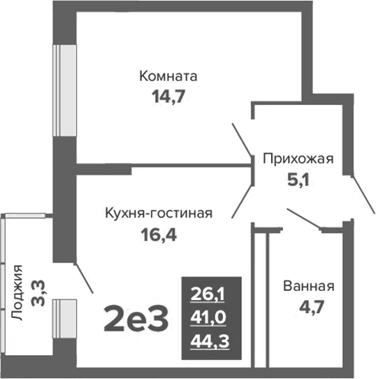 Планировка 2Е-к.кв, 44,31 м² в ЖК ЖК River Park
