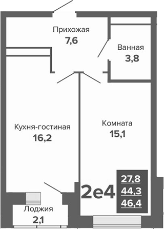 Планировка 2Е-к.кв, 46,35 м² в ЖК ЖК River Park