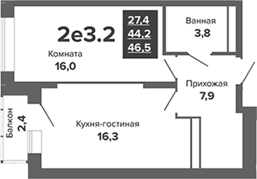 Планировка 2Е-к.кв, 46,5 м² в ЖК ЖК River Park